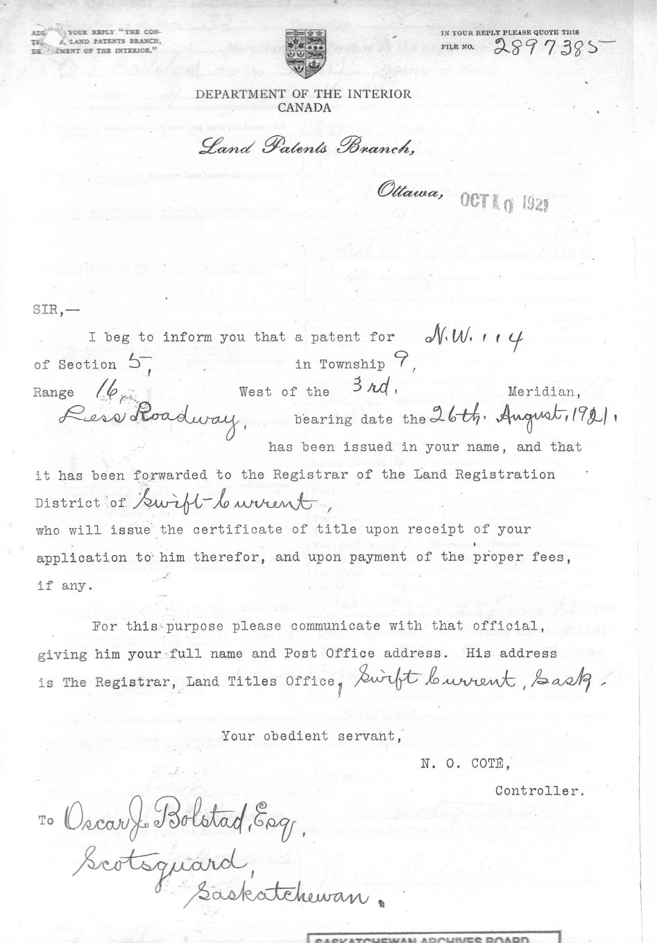 Document issuing a LAND PATENT for  a Homestead PATENT in Scotsguard Saskatchewan - Oscar J. Bolstad